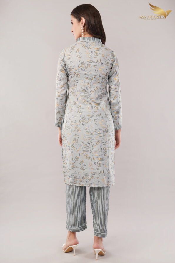 JASS Apparels Women’s Printed Cotton Kurta Set | Soft Grey with Striped Pants | Casual Ethnic Wear for Summer & Work
