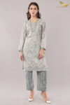 JASS Apparels Women’s Printed Cotton Kurta Set | Soft Grey with Striped Pants | Casual Ethnic Wear for Summer & Work