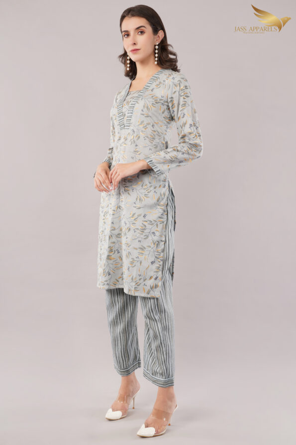 JASS Apparels Women’s Printed Cotton Kurta Set | Soft Grey with Striped Pants | Casual Ethnic Wear for Summer & Work