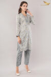 JASS Apparels Women’s Printed Cotton Kurta Set | Soft Grey with Striped Pants | Casual Ethnic Wear for Summer & Work