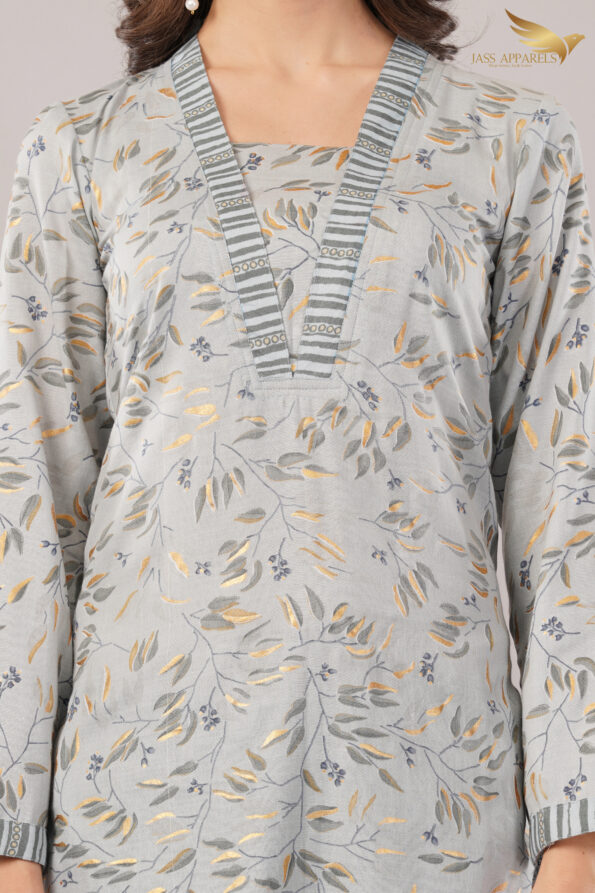 JASS Apparels Women’s Printed Cotton Kurta Set | Soft Grey with Striped Pants | Casual Ethnic Wear for Summer & Work