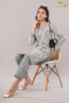 JASS Apparels Women’s Printed Cotton Kurta Set | Soft Grey with Striped Pants | Casual Ethnic Wear for Summer & Work