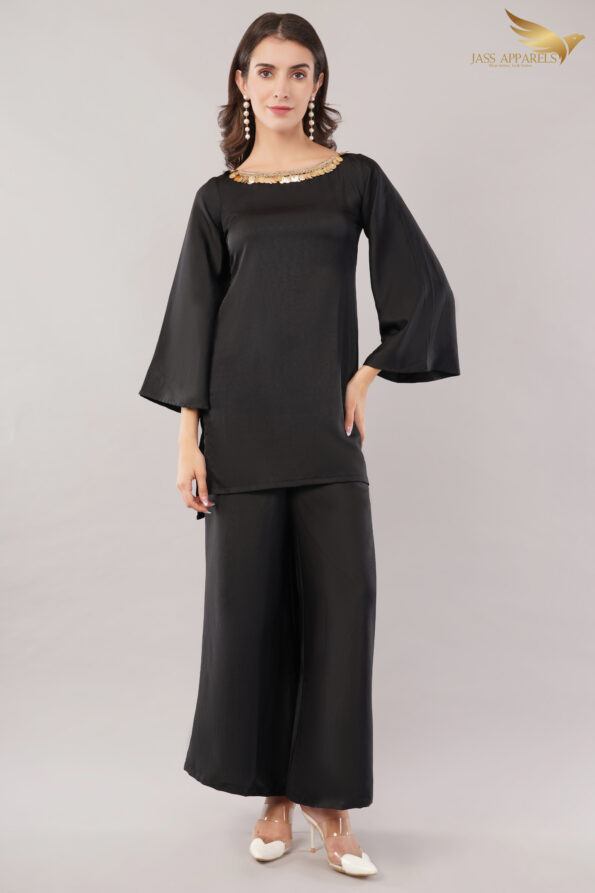 JASS Apparels Women’s Black Co-Ord Set with Gold Sequin Neckline | Festive & Party Wear Kurta Set with Bell Sleeves