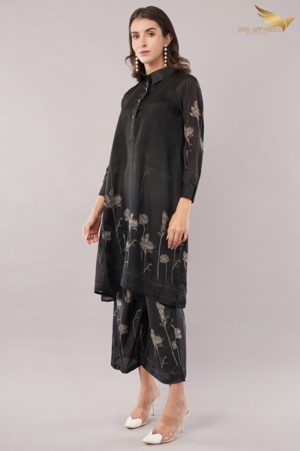 JASS Apparels Women's Black Floral Embroidered Co-Ord Set | A-Line Kurta with Wide-Leg Pants | Party & Festive Wear