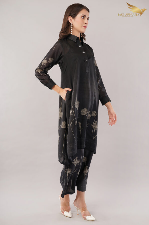 JASS Apparels Women's Black Floral Embroidered Co-Ord Set | A-Line Kurta with Wide-Leg Pants | Party & Festive Wear