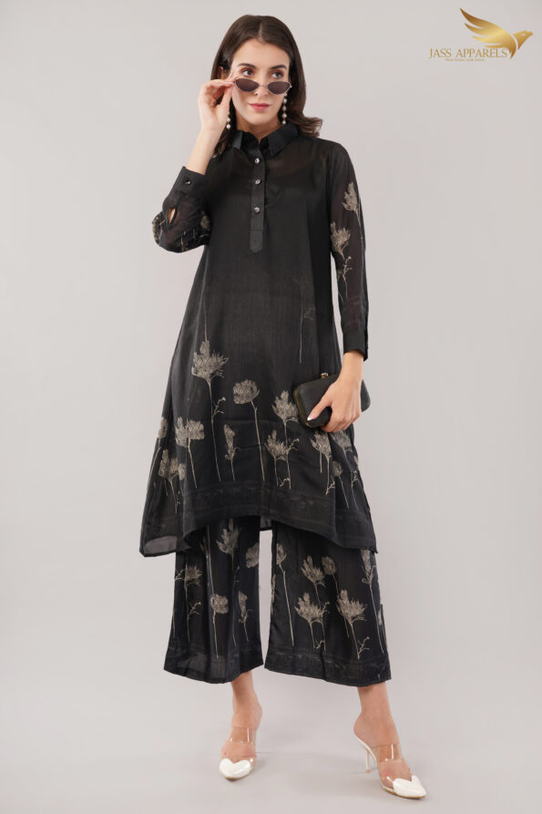 JASS Apparels Women's Black Floral Embroidered Co-Ord Set | A-Line Kurta with Wide-Leg Pants | Party & Festive Wear