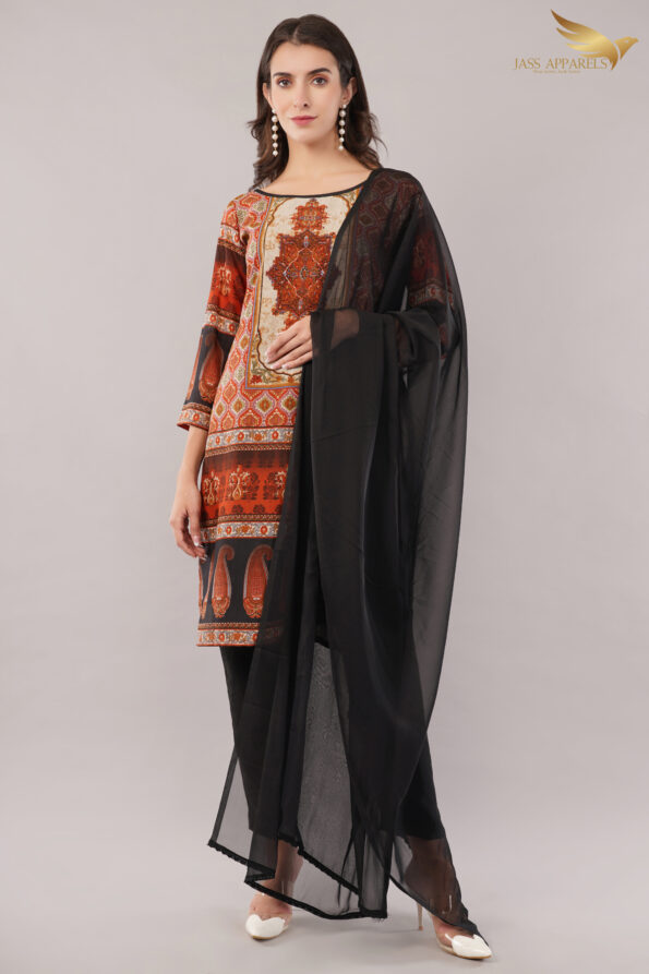 JASS Apparels Women's Ethnic Printed Kurta Set with Dupatta | Rust & Black Straight Kurta with Pants | Elegant Festive & Office Wear